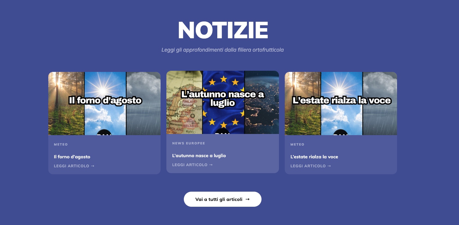 Sezione Notizie del sito PAN con tre articoli della filiera ortofrutticola